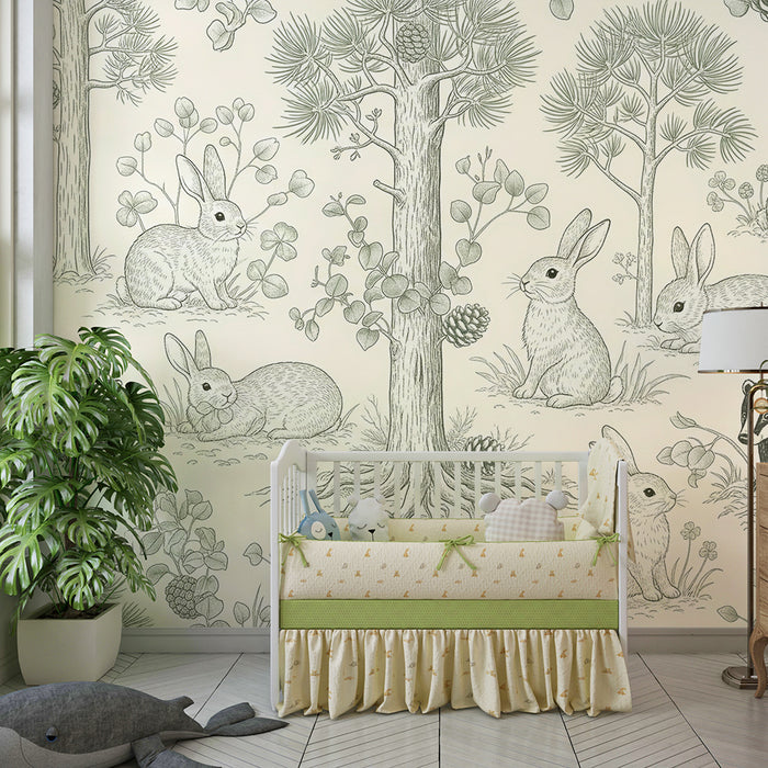 Papel pintado infantil | Animales del bosque con conejos y tejones en un entorno natural