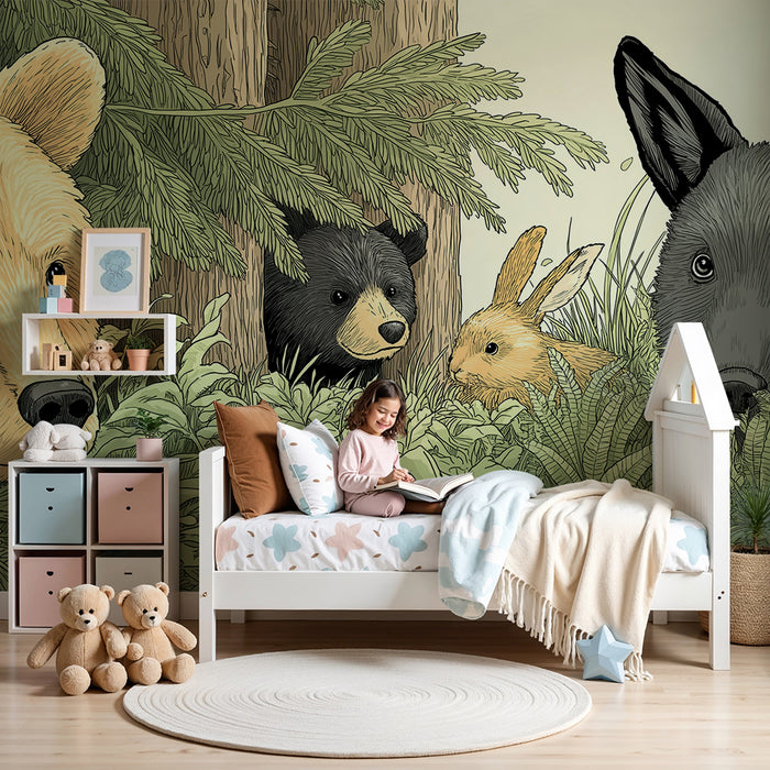 Papel de parede criança | Animais da floresta com urso e coelho num cenário verde