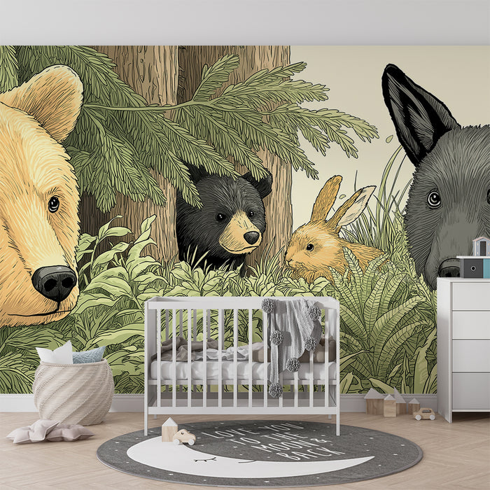 Papel de parede criança | Animais da floresta com urso e coelho num cenário verde