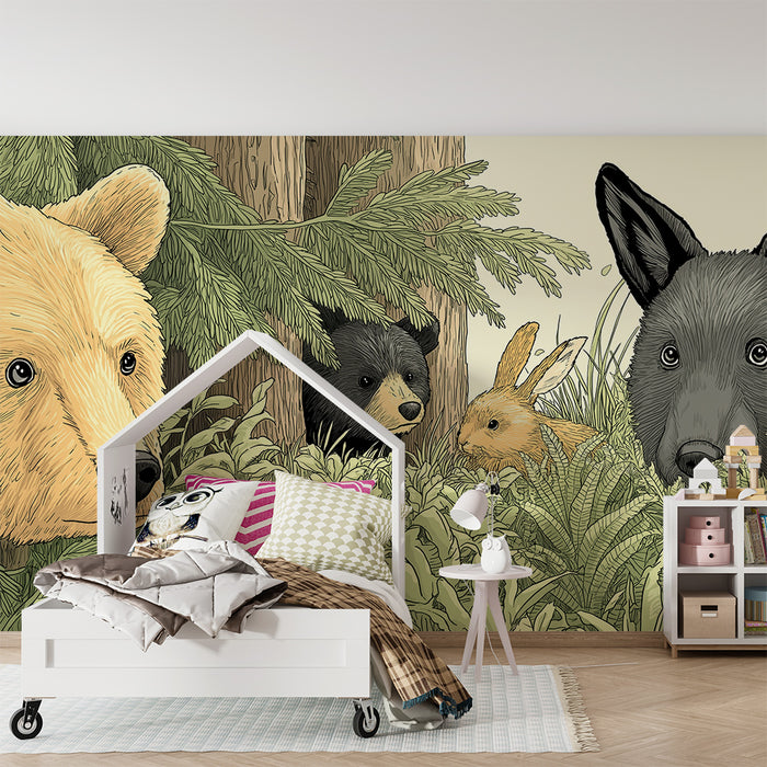 Papel de parede criança | Animais da floresta com urso e coelho num cenário verde