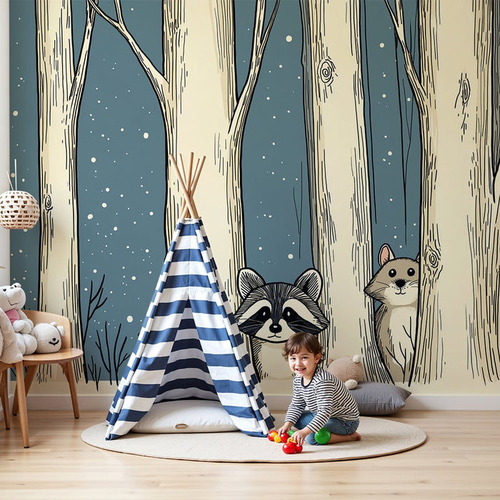 Carta da parati bambini | Animali della foresta con procione e cerbiatto in un ambiente invernale