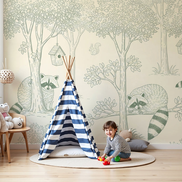 Tapete Kinderzimmer | Waldtiere mit Waschbären und Eichhörnchen
