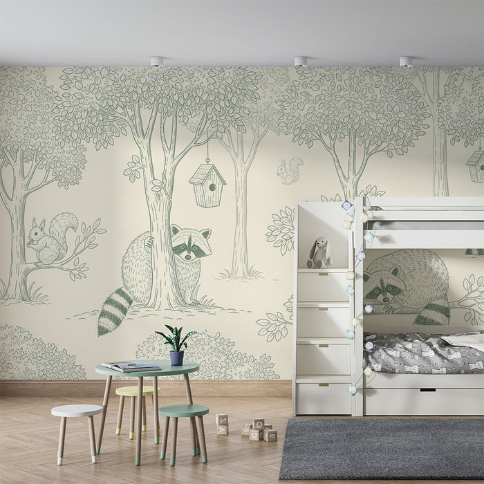 Tapete Kinderzimmer | Waldtiere mit Waschbären und Eichhörnchen