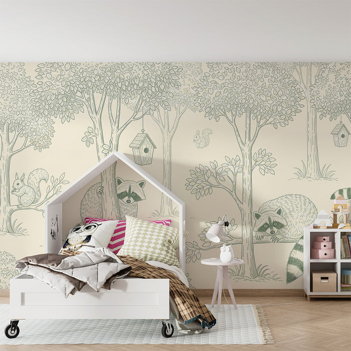 Tapete Kinderzimmer | Waldtiere mit Waschbären und Eichhörnchen
