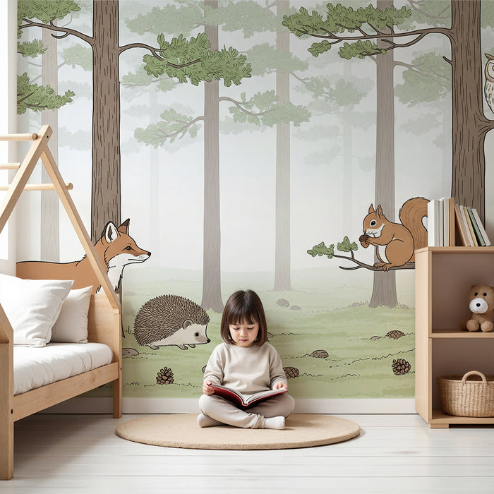 Papier peint chambre enfant | Animaux de la forêt avec renard, hérisson et écureuil