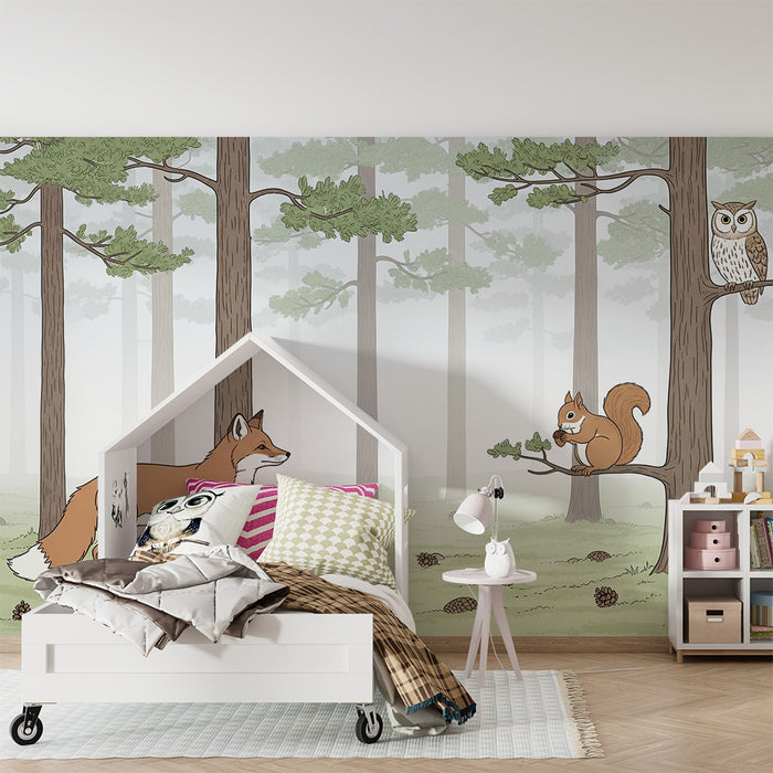 Papier peint chambre enfant | Animaux de la forêt avec renard, hérisson et écureuil