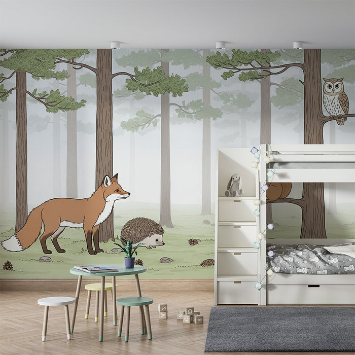 Papier peint chambre enfant | Animaux de la forêt avec renard, hérisson et écureuil