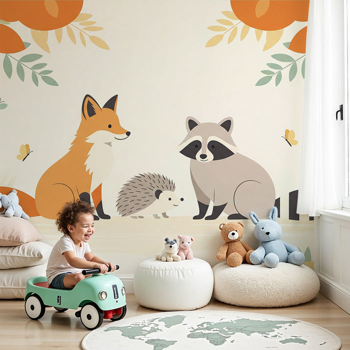 Dětský pokoj tapeta | Zvířata lesa s liškou, ježkem a mývalcem