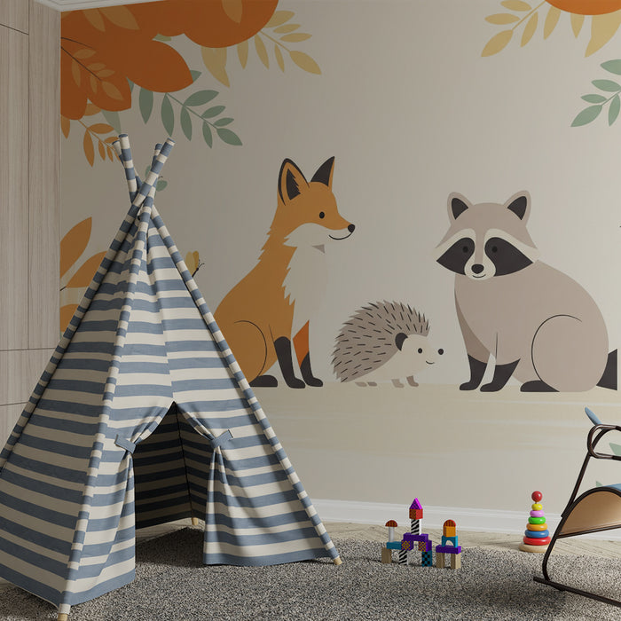 Dětský pokoj tapeta | Zvířata lesa s liškou, ježkem a mývalcem