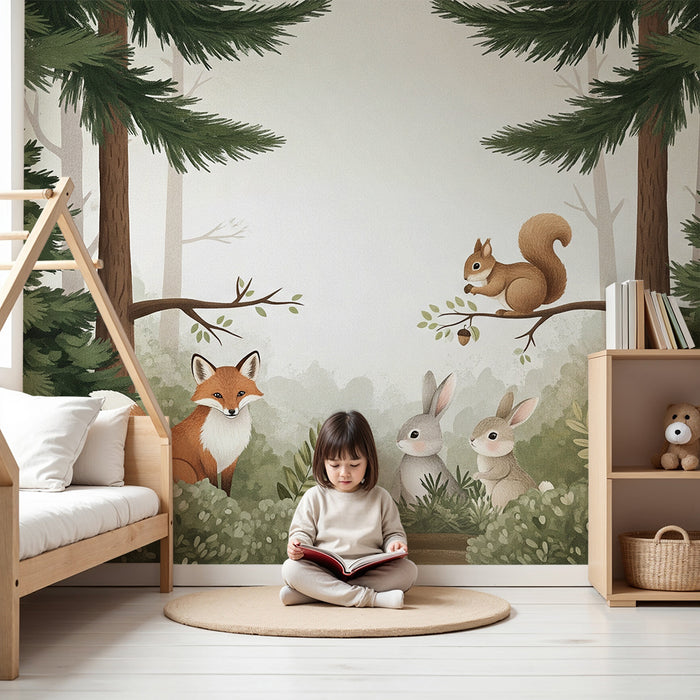 Papel de parede para quarto infantil | Animais da floresta com raposa, coelhos e esquilo