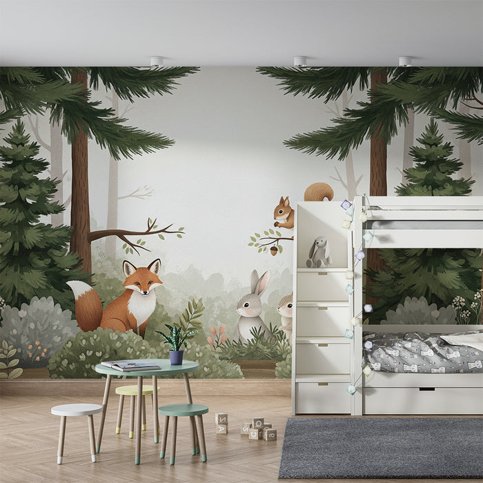 Papel de parede para quarto infantil | Animais da floresta com raposa, coelhos e esquilo