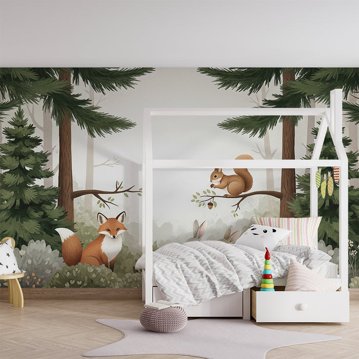 Papel de parede para quarto infantil | Animais da floresta com raposa, coelhos e esquilo