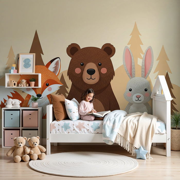 Children's bedroom wallpaper | Forest animals with fox, bear and rabbit