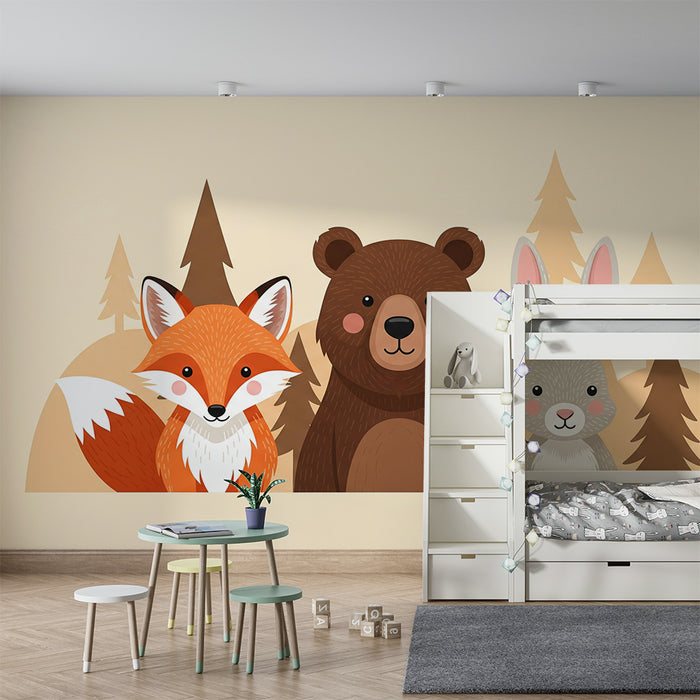 Children's bedroom wallpaper | Forest animals with fox, bear and rabbit
