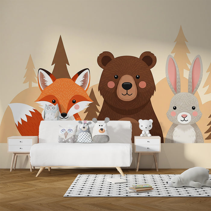 Children's bedroom wallpaper | Forest animals with fox, bear and rabbit