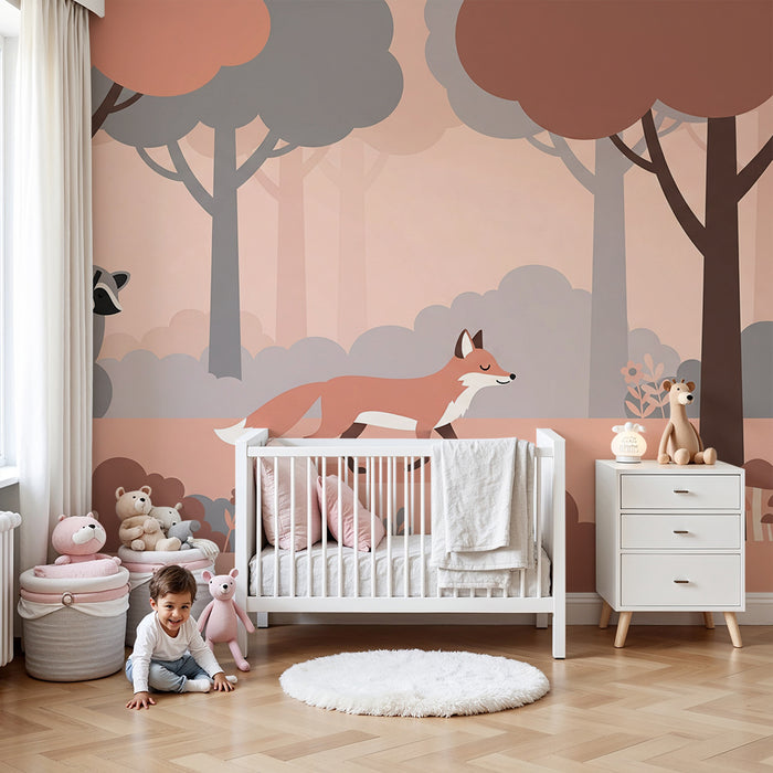 Papel pintado infantil | Animales del bosque con zorro, mapache y erizo