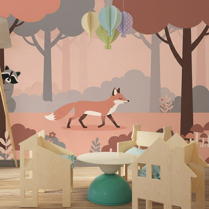 Papel pintado infantil | Animales del bosque con zorro, mapache y erizo