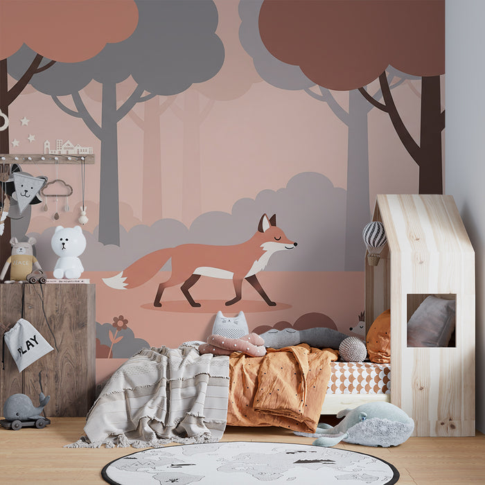 Papel pintado infantil | Animales del bosque con zorro, mapache y erizo