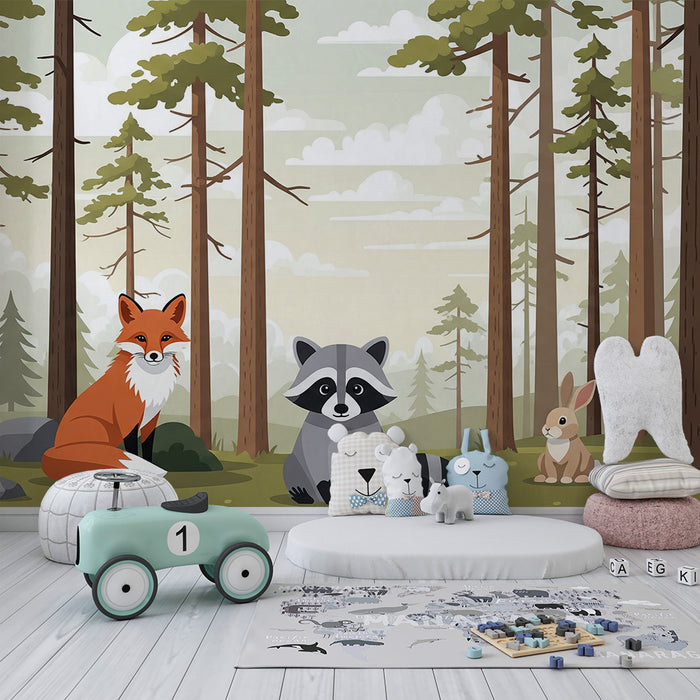 Carta da parati per cameretta | Animali del bosco con volpe, procione e coniglio