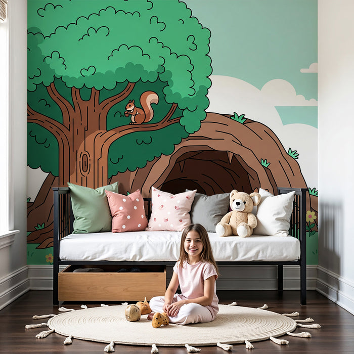Kinderzimmer Tapete | Waldtiere mit majestätischem Baum und Höhle