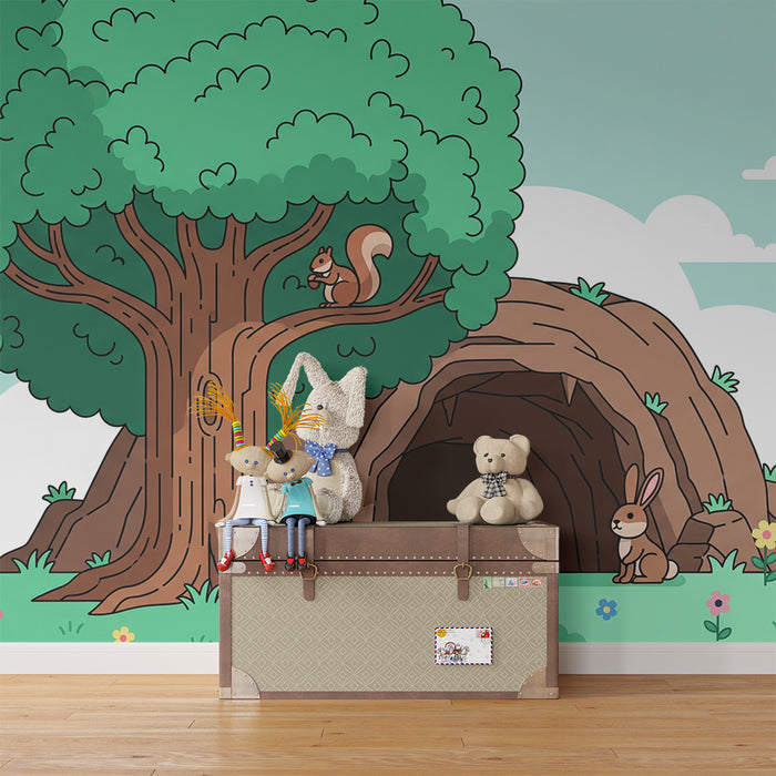 Kinderzimmer Tapete | Waldtiere mit majestätischem Baum und Höhle