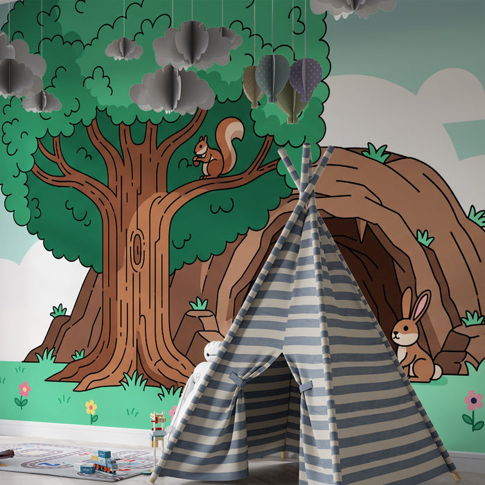 Kinderzimmer Tapete | Waldtiere mit majestätischem Baum und Höhle