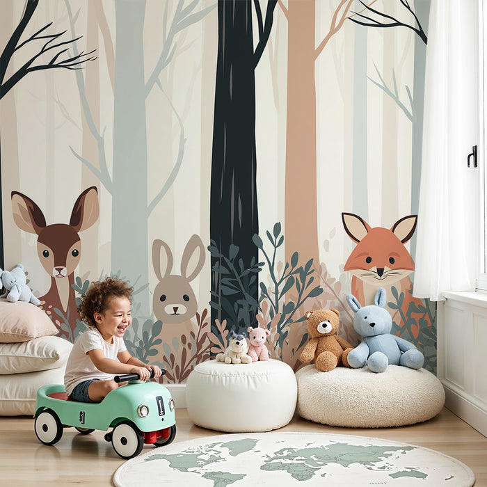 Kids room wallpaper | Forest animals with a deer, a rabbit, and a fox