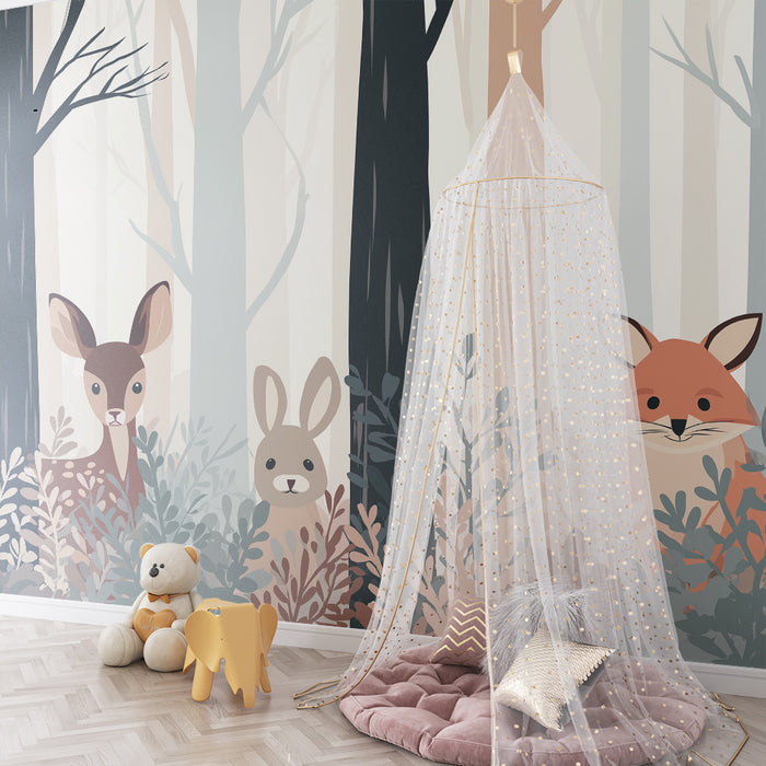 Kids room wallpaper | Forest animals with a deer, a rabbit, and a fox