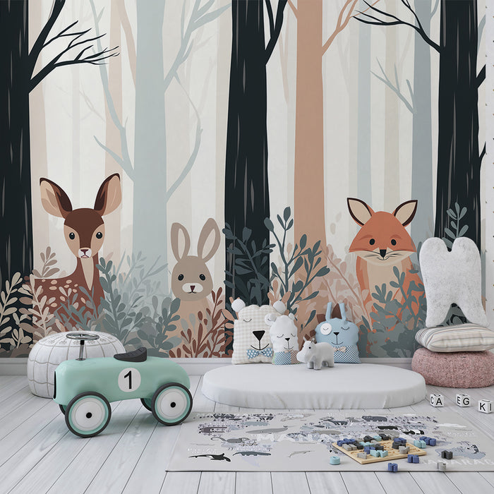 Kids room wallpaper | Forest animals with a deer, a rabbit, and a fox
