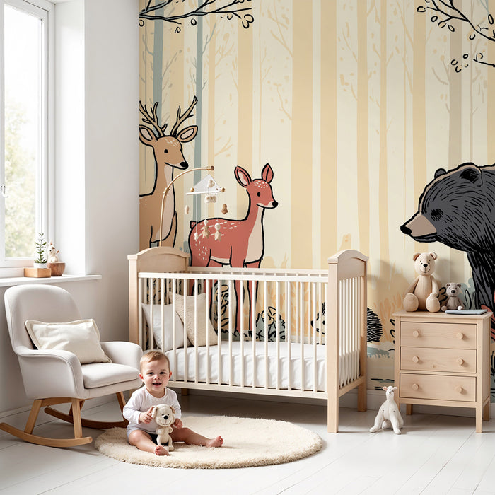 Kinderzimmer Tapete | Waldtiere mit einem Hirsch, einem Bären und einem Igel