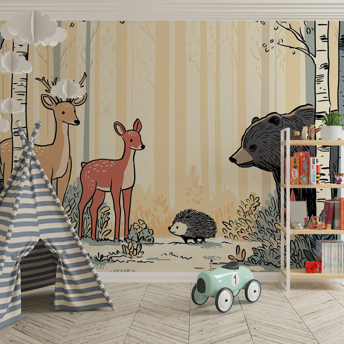 Kinderzimmer Tapete | Waldtiere mit einem Hirsch, einem Bären und einem Igel