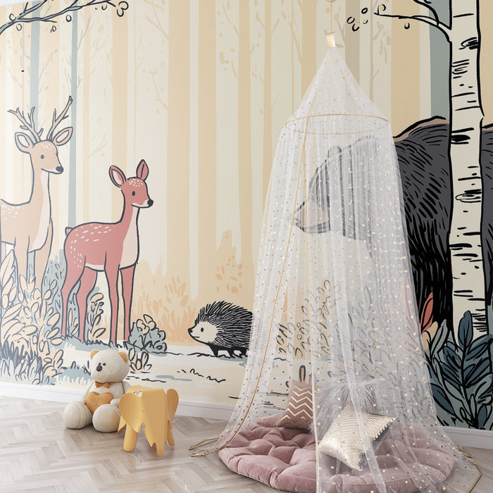 Kinderzimmer Tapete | Waldtiere mit einem Hirsch, einem Bären und einem Igel