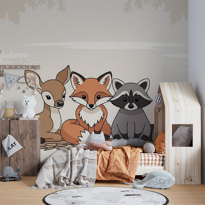 Papier peint chambre enfant | Animaux de la forêt avec un faon, un renard et un raton laveur