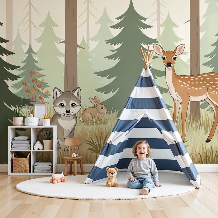 Carta da parati camera bambini | Animali del bosco con un lupo, un cervo e conigli