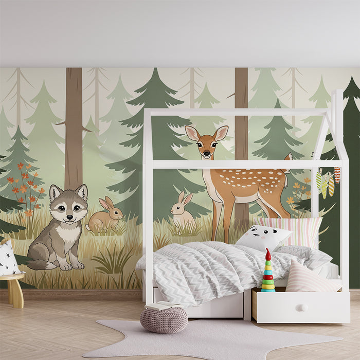 Carta da parati camera bambini | Animali del bosco con un lupo, un cervo e conigli