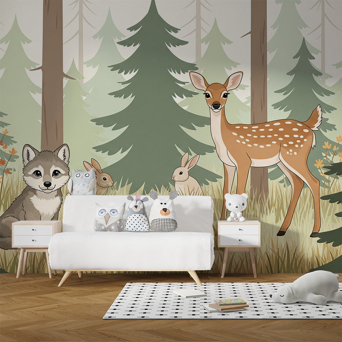 Carta da parati camera bambini | Animali del bosco con un lupo, un cervo e conigli