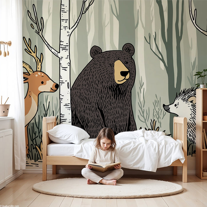 Kinderzimmer Tapete | Waldtiere mit einem Bären, einem Hirsch und einem Igel