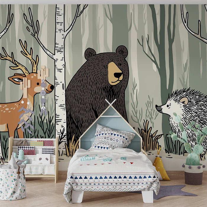 Kinderzimmer Tapete | Waldtiere mit einem Bären, einem Hirsch und einem Igel