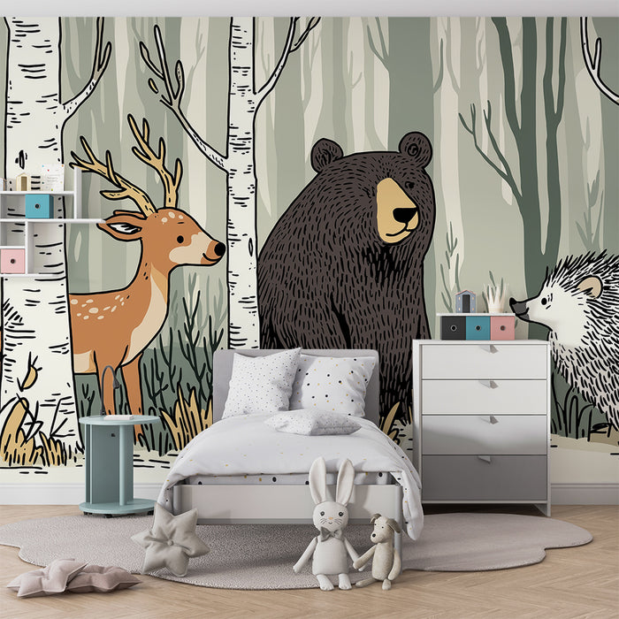 Kinderzimmer Tapete | Waldtiere mit einem Bären, einem Hirsch und einem Igel