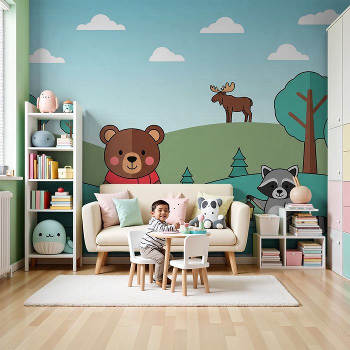 Tapeta do pokoju dziecięcego | Leśne zwierzęta z misiem, królikiem i szopem