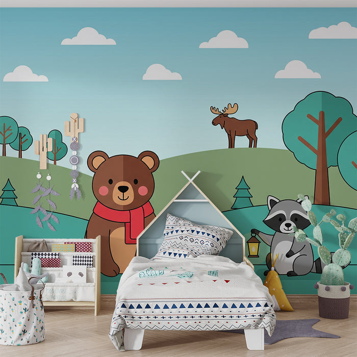 Tapeta do pokoju dziecięcego | Leśne zwierzęta z misiem, królikiem i szopem