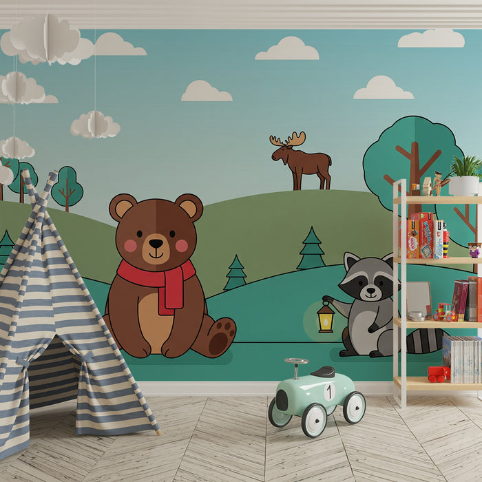 Tapeta do pokoju dziecięcego | Leśne zwierzęta z misiem, królikiem i szopem