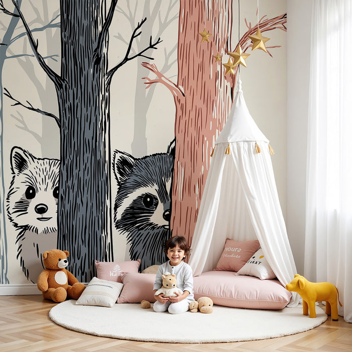 Kids room wallpaper | Metsloomade tapeet koos pesukarude ja uudishimuliku väikese loomaga
