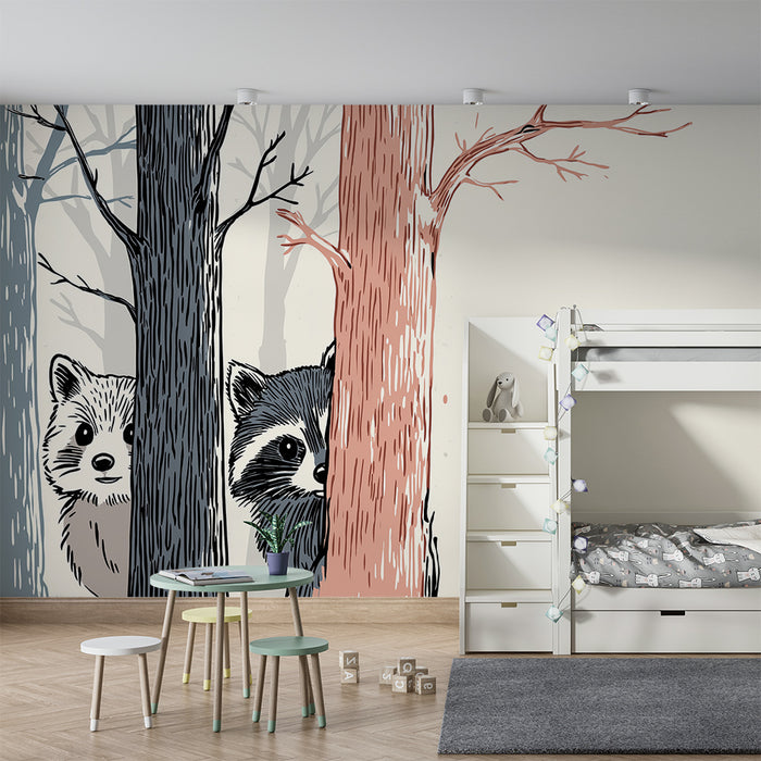 Kids room wallpaper | Metsloomade tapeet koos pesukarude ja uudishimuliku väikese loomaga