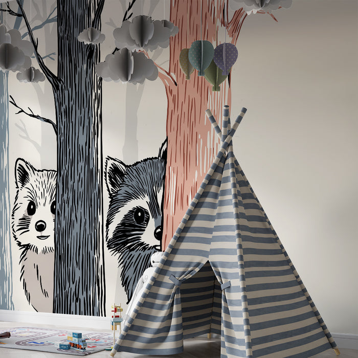 Kids room wallpaper | Metsloomade tapeet koos pesukarude ja uudishimuliku väikese loomaga
