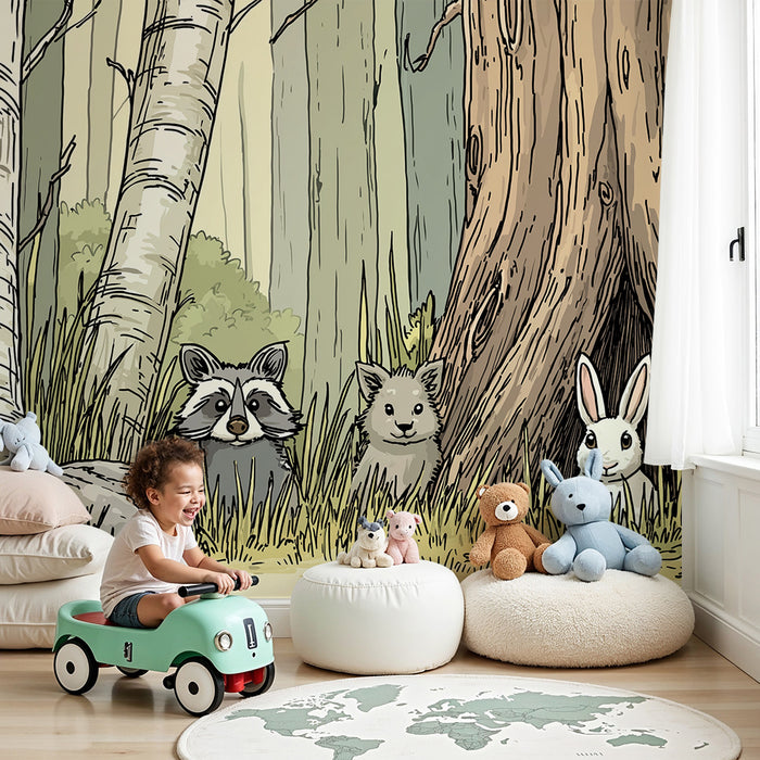 Carta da parati bambini | Animali del bosco con un procione, un coniglio e un piccolo animale