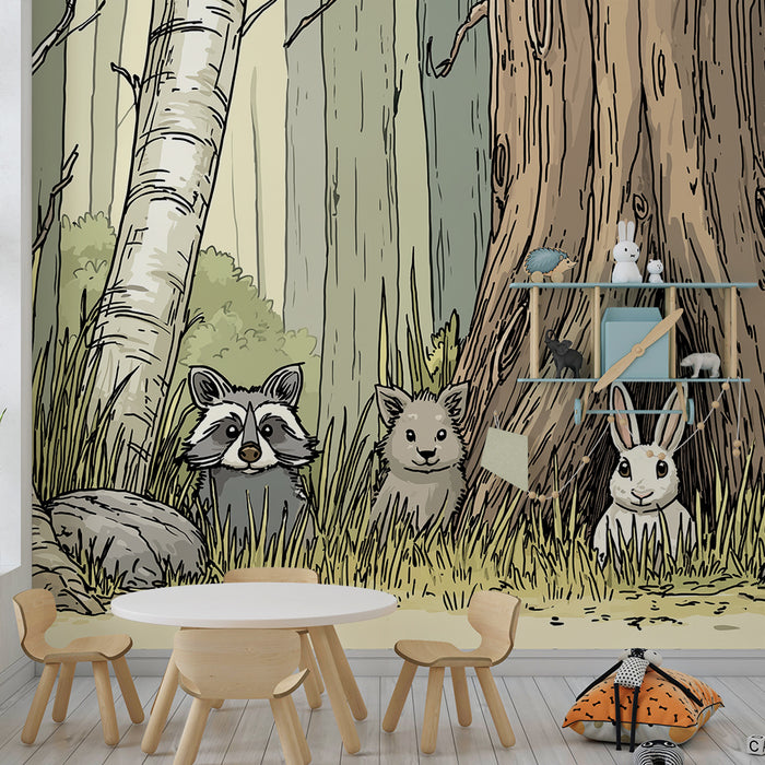 Carta da parati bambini | Animali del bosco con un procione, un coniglio e un piccolo animale