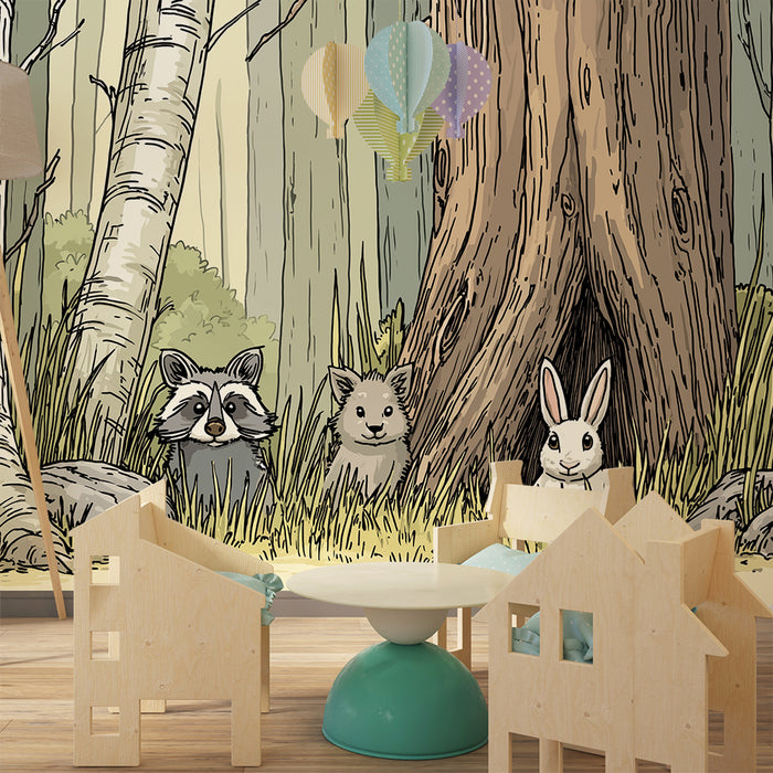 Carta da parati bambini | Animali del bosco con un procione, un coniglio e un piccolo animale