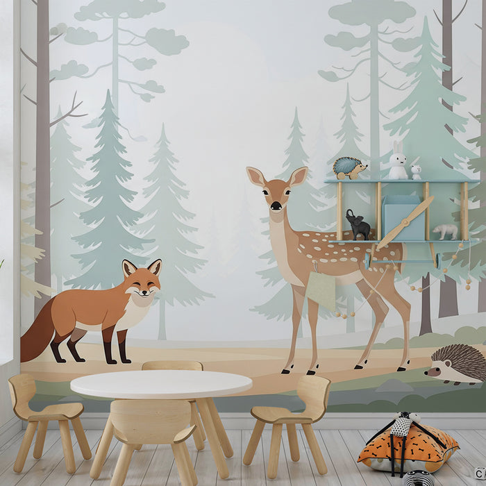 Lastenhuoneen tapetti | Metsäneläimiä ketulla, peuralla ja siilillä