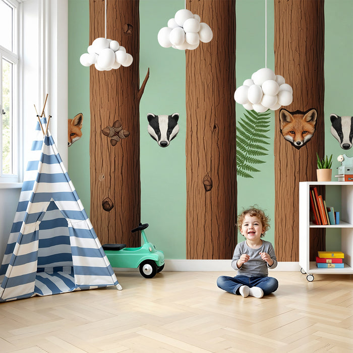 Dětská pokojová tapeta | Zvířata z lesa skrytá za stromy